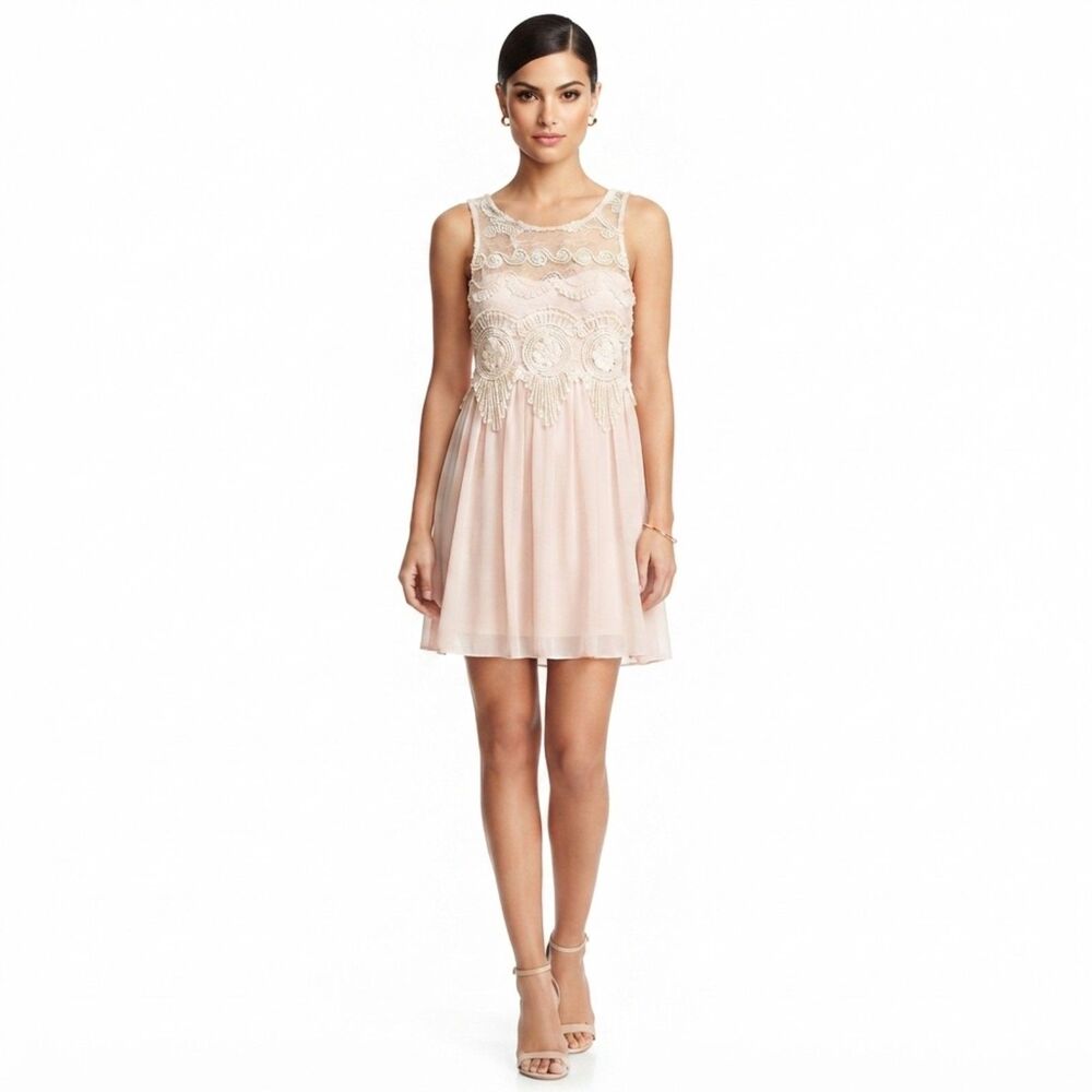 VTG Y2K L'atiste Romantic Boho Crochet Lace Pleated Mini Dress Sleeveless Pink S